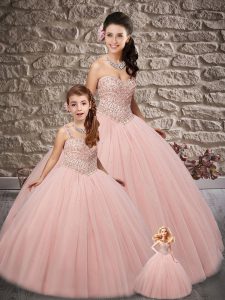 Cute Sleeveless Tulle Floor Length Lace Up Quinceanera Dresses in Baby Pink with Beading