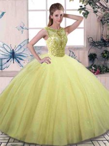 Exquisite Yellow Green Ball Gowns Beading 15 Quinceanera Dress Lace Up Tulle Sleeveless Floor Length