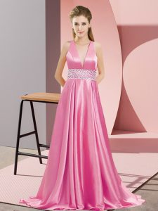 Rose Pink Sleeveless Beading Backless Prom Gown
