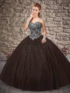 Shining Brown Tulle Lace Up Quinceanera Dresses Sleeveless Brush Train Beading