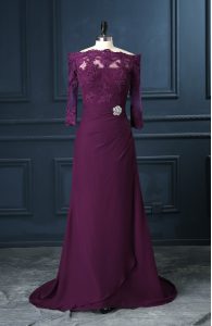 Suitable Scalloped Sleeveless Brush Train Zipper Prom Dresses Purple Chiffon