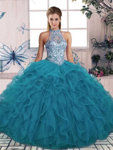 Teal Sleeveless Floor Length Beading and Ruffles Lace Up 15 Quinceanera Dress