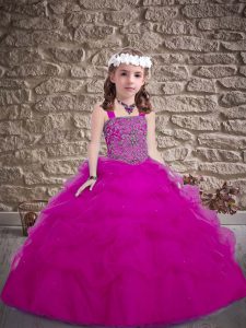 Fuchsia Tulle Lace Up Girls Pageant Dresses Sleeveless Floor Length Beading and Pick Ups