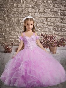 Admirable Tulle Straps Sleeveless Sweep Train Lace Up Appliques and Ruffles Kids Formal Wear in Lilac