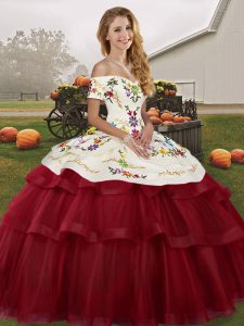 Wine Red Quinceanera Dresses Off The Shoulder Sleeveless Brush Train Lace Up