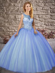 Fancy Blue Sleeveless Tulle Brush Train Backless Vestidos de Quinceanera for Military Ball and Sweet 16 and Quinceanera