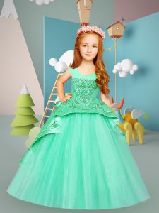 Perfect Apple Green Satin and Tulle Lace Up Scoop Sleeveless Kids Formal Wear Brush Train Beading and Embroidery