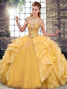 Dazzling Floor Length Gold Quinceanera Gowns Halter Top Sleeveless Lace Up