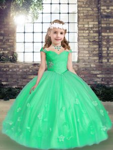 Green Sleeveless Beading and Hand Made Flower Floor Length Girls Pageant Dresses