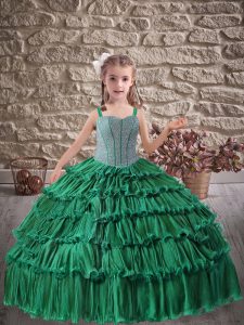 Dark Green Ball Gowns Straps Sleeveless Organza Floor Length Lace Up Beading and Ruffled Layers Little Girl Pageant Gown