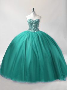 Turquoise Ball Gowns Tulle Sweetheart Sleeveless Beading Floor Length Lace Up Quinceanera Gown