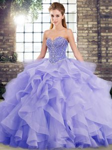Custom Designed Lavender Sleeveless Tulle Brush Train Lace Up Ball Gown Prom Dress for Military Ball and Sweet 16 and Qu