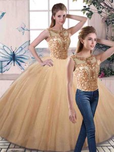 Wonderful Gold Sleeveless Floor Length Beading Lace Up Quince Ball Gowns