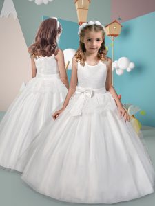 Stylish White Scoop Neckline Lace and Bowknot Flower Girl Dresses for Less Sleeveless Zipper
