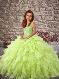 Yellow Green Little Girl Pageant Gowns Straps Sleeveless Sweep Train Lace Up