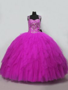 Amazing Fuchsia Tulle Lace Up Straps Sleeveless Floor Length 15th Birthday Dress Beading and Ruffles