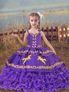 Floor Length Lace Up Pageant Gowns For Girls Lavender for Wedding Party with Beading and Embroidery and Ruffled Layers