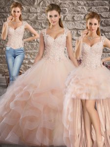 Pink Lace Up Quince Ball Gowns Lace and Ruffles Sleeveless Brush Train