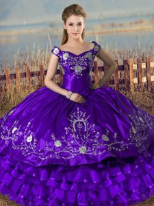 Sleeveless Satin and Organza Floor Length Lace Up Ball Gown Prom Dress in Purple with Embroidery and Ruffled Layers