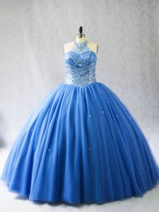 Blue Ball Gowns Tulle Halter Top Sleeveless Beading Lace Up Quince Ball Gowns Brush Train