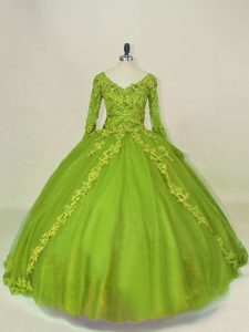 Attractive Olive Green Tulle Side Zipper V-neck Long Sleeves Quince Ball Gowns Lace and Appliques
