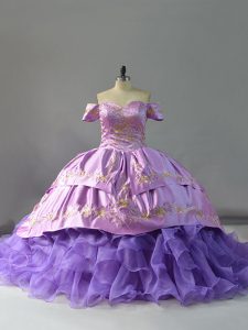 Modern Lavender Lace Up Vestidos de Quinceanera Embroidery and Ruffles Sleeveless Chapel Train