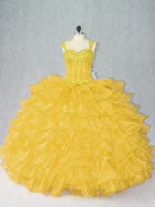 Best Gold Organza Lace Up Straps Sleeveless Floor Length Vestidos de Quinceanera Beading and Ruffles