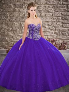 Spectacular Floor Length Lace Up Quince Ball Gowns Purple for Military Ball and Sweet 16 and Quinceanera with Beading