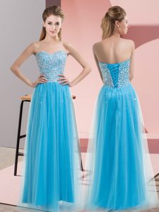 Fancy Aqua Blue Tulle Lace Up Sweetheart Sleeveless Floor Length Homecoming Dress Beading