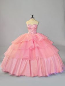 Brush Train Ball Gowns 15 Quinceanera Dress Watermelon Red Sweetheart Organza Sleeveless Lace Up