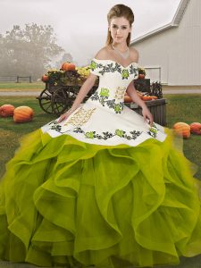 Olive Green Off The Shoulder Neckline Embroidery and Ruffles Quinceanera Dresses Sleeveless Lace Up
