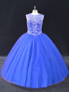 Luxury Blue Tulle Lace Up Quinceanera Dresses Sleeveless Floor Length Beading