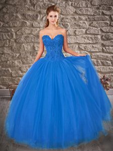 Artistic Sweetheart Sleeveless Ball Gown Prom Dress Brush Train Embroidery Blue Tulle