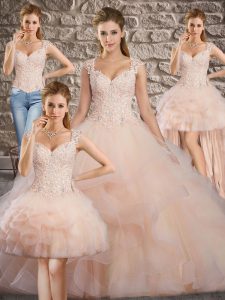 Custom Designed Ball Gowns Sleeveless Pink Quince Ball Gowns Brush Train Lace Up