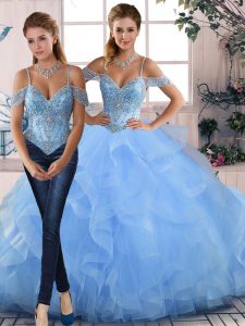 Floor Length Blue Sweet 16 Dresses Off The Shoulder Sleeveless Lace Up