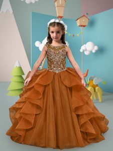 Sleeveless Tulle Sweep Train Lace Up Kids Formal Wear in Brown with Beading and Ruffles