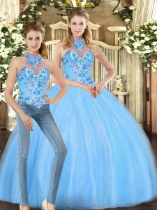 Halter Top Sleeveless Lace Up Sweet 16 Dress Baby Blue Tulle