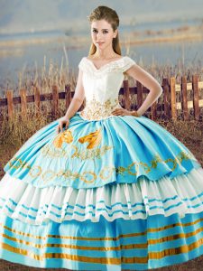 High Class Blue And White Ball Gowns V-neck Sleeveless Organza Floor Length Lace Up Embroidery and Ruffled Layers 15th B