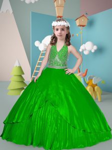 Green Zipper Halter Top Sleeveless Floor Length Girls Pageant Dresses Beading and Pleated
