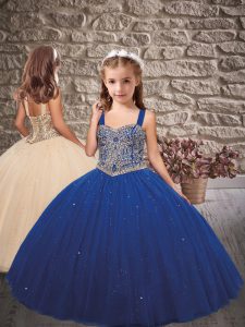 Customized Royal Blue Straps Lace Up Beading Little Girl Pageant Dress Sleeveless