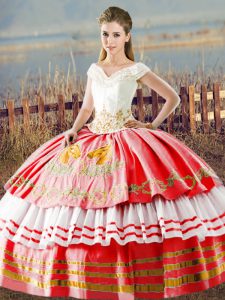 White And Red Satin Lace Up V-neck Sleeveless Floor Length Sweet 16 Quinceanera Dress Embroidery and Ruffled Layers
