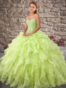 Wonderful Yellow Green Organza Lace Up Sweetheart Sleeveless Quinceanera Gown Brush Train Beading and Ruffles