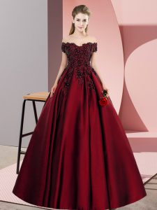 Flare Wine Red Satin Zipper Quinceanera Gowns Sleeveless Floor Length Lace