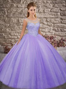 Lavender Ball Gowns Scoop Sleeveless Tulle Floor Length Backless Beading Quince Ball Gowns