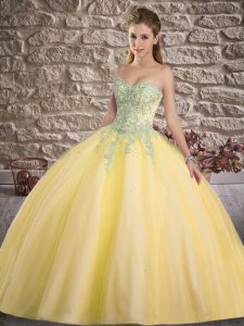 Ideal Floor Length Gold 15 Quinceanera Dress Tulle Sleeveless Appliques