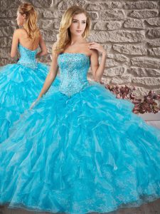 Perfect Sleeveless Brush Train Lace Up Beading and Ruffles Quinceanera Dresses