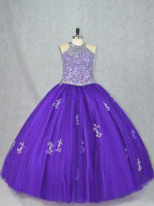 Luxurious Purple Ball Gowns Beading and Appliques Quinceanera Dress Lace Up Tulle Sleeveless Floor Length