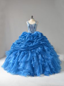 Dazzling Blue Ball Gowns Straps Sleeveless Organza Floor Length Lace Up Beading and Ruffles Quince Ball Gowns