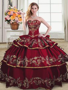 Best Sleeveless Floor Length Embroidery and Ruffled Layers Lace Up Sweet 16 Dress with Wine Red