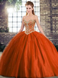 Sophisticated Brush Train Ball Gowns Quinceanera Dresses Rust Red Sweetheart Tulle Sleeveless Lace Up